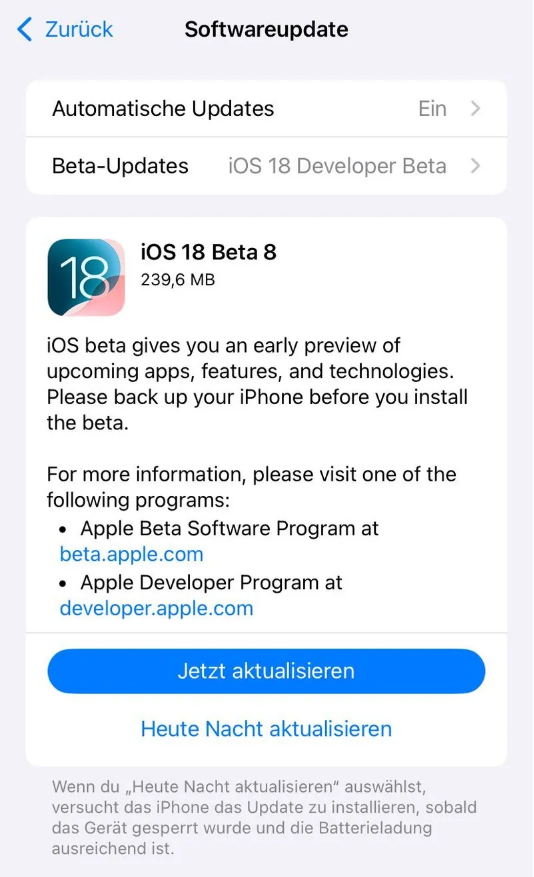 芒康苹果手机维修分享苹果 iOS / iPadOS 18 开发者预览版 Beta 8 发布 